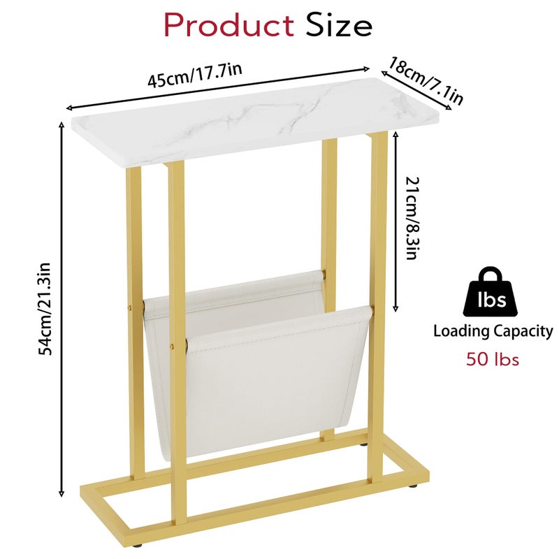 Yusong Small Narrow Side Table for Small Spaces, 17.7" W Slim End Table Magazine Table Nighstand with Storage Holder, Accent Skinny Snack Couch Bedside Table, Gold White, Complete Iron Pipes - Image 4