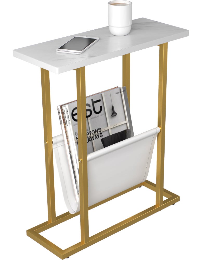Yusong Small Narrow Side Table for Small Spaces, 17.7" W Slim End Table Magazine Table Nighstand with Storage Holder, Accent Skinny Snack Couch Bedside Table, Gold White, Complete Iron Pipes - Image 1