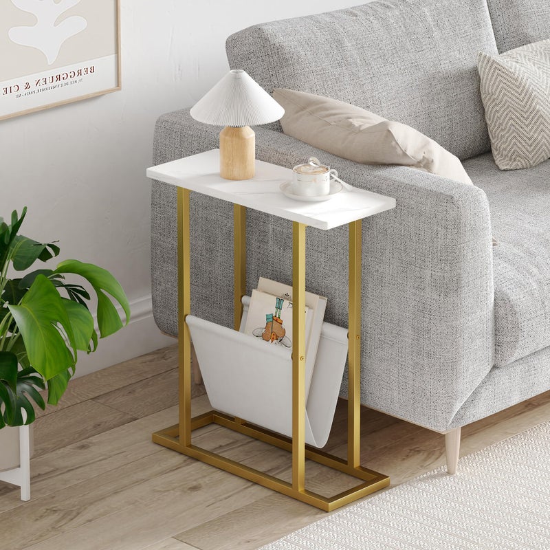 Yusong Small Narrow Side Table for Small Spaces, 17.7" W Slim End Table Magazine Table Nighstand with Storage Holder, Accent Skinny Snack Couch Bedside Table, Gold White, Complete Iron Pipes - Image 2