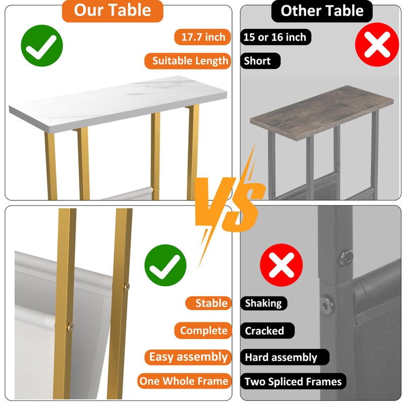 Yusong Small Narrow Side Table for Small Spaces, 17.7" W Slim End Table Magazine Table Nighstand with Storage Holder, Accent Skinny Snack Couch Bedside Table, Gold White, Complete Iron Pipes - Image 5