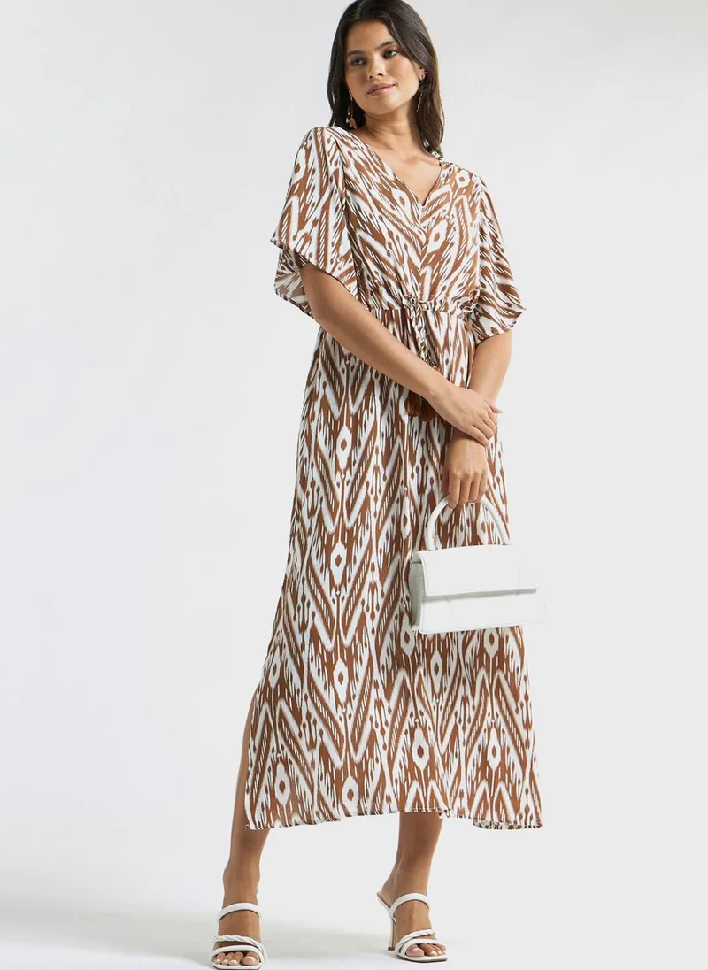 FAV Print V-Neck Dress With Tie-Ups And Short Sleeves