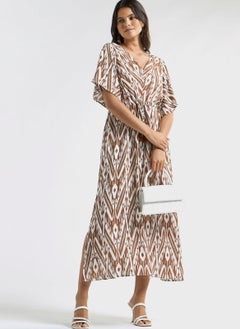 FAV Print V-Neck Dress With Tie-Ups And Short Sleeves  - Image 1