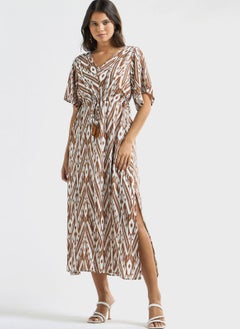 FAV Print V-Neck Dress With Tie-Ups And Short Sleeves  - Image 4