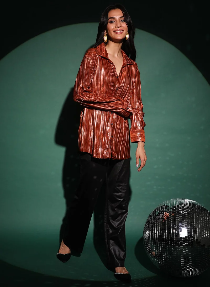 PINACOLADA  Women's Chocolate Brown Metallic Pleated Shirt for Women | Best Price UAE