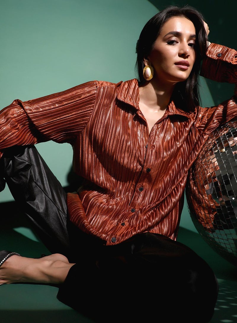 PINACOLADA Women's Chocolate Brown Metallic Pleated Shirt - Image 2