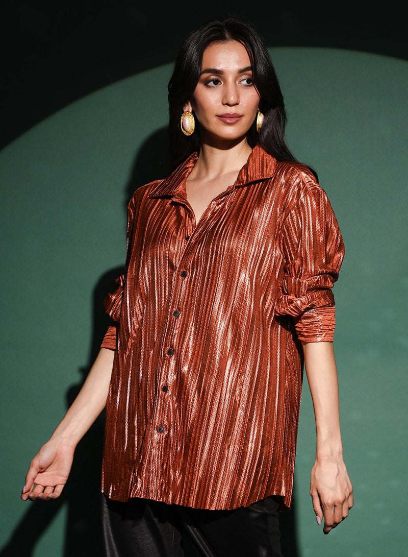 PINACOLADA Women's Chocolate Brown Metallic Pleated Shirt - Image 3