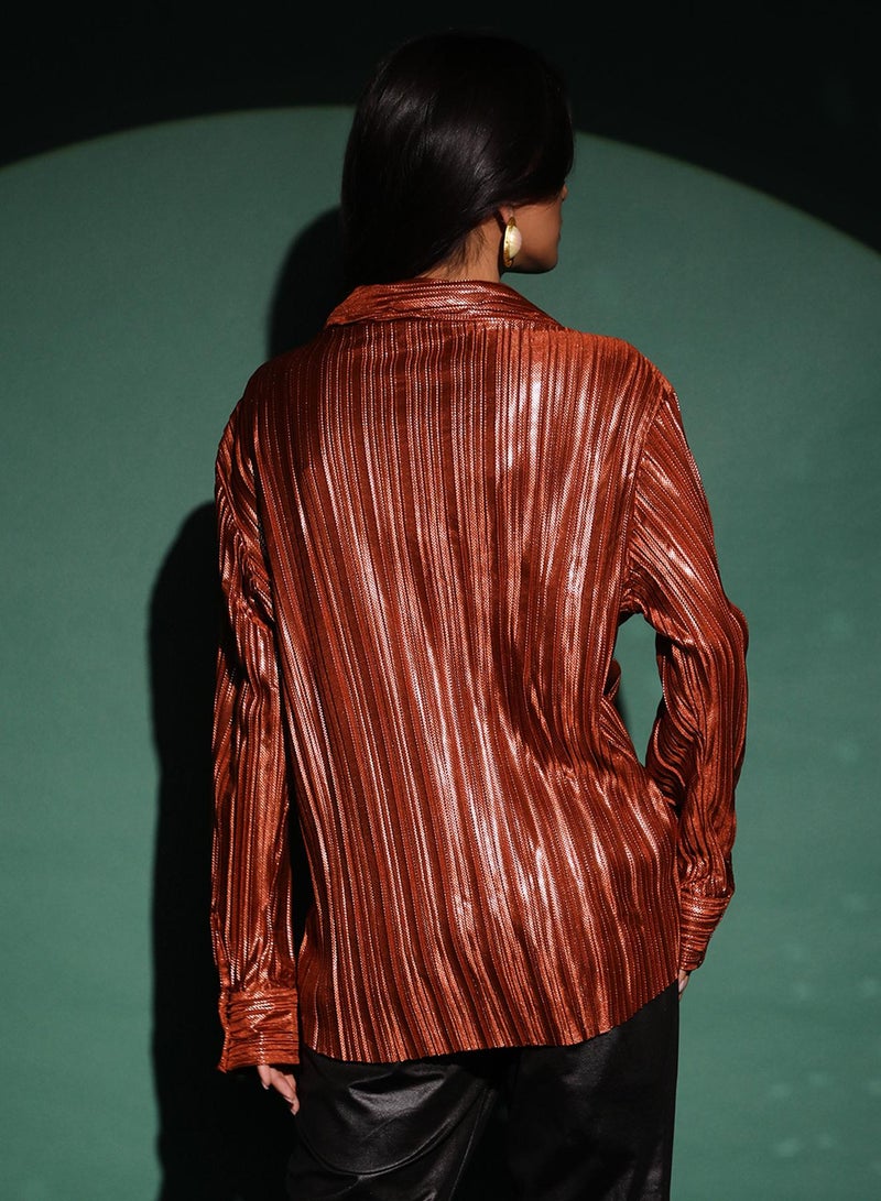 PINACOLADA Women's Chocolate Brown Metallic Pleated Shirt - Image 5