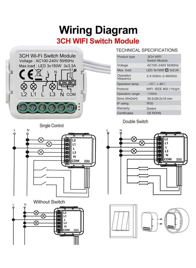 Lumive WiFi Smart Light Switch, 3-Gang, Works with Alexa & Google Home, APP Control, 100-240V Supports 2 Way Control, Behind Standard Switch (Neutral Wire Required) - Trio 3.3 * 3A - Image 2