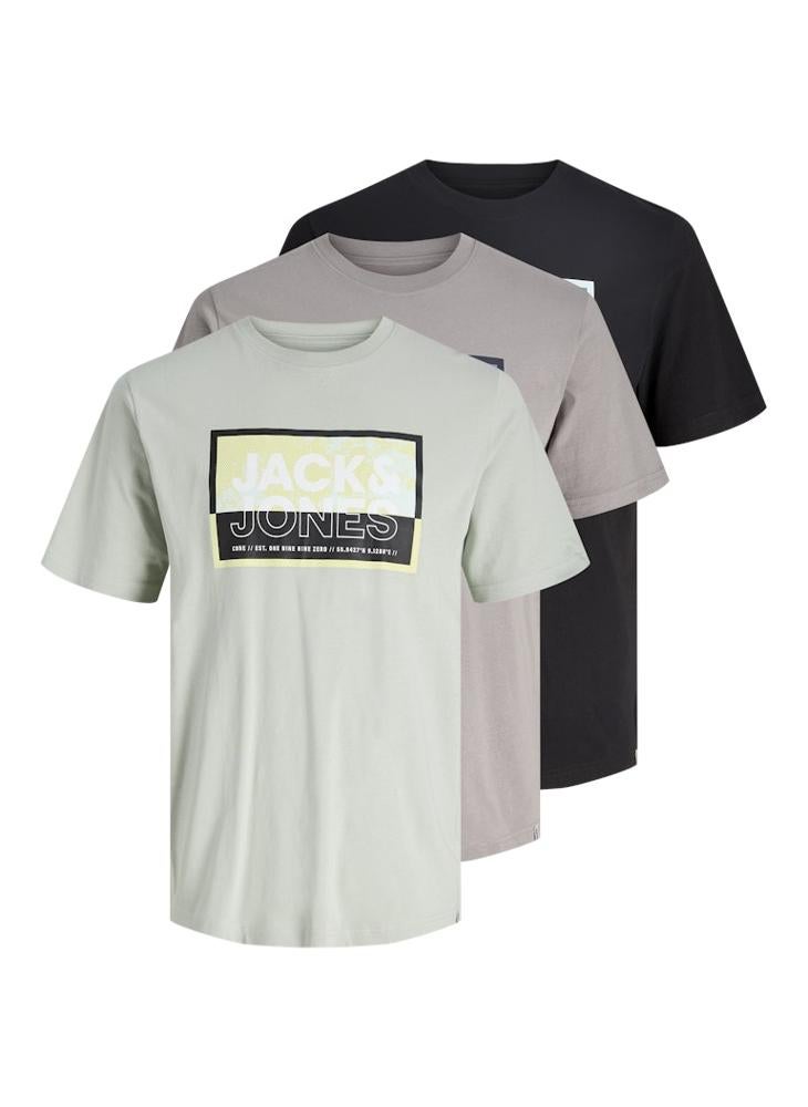 JACK & JONES 3 Pack Jcologan Summer Print Crew Neck T-Shirt  - Image 1