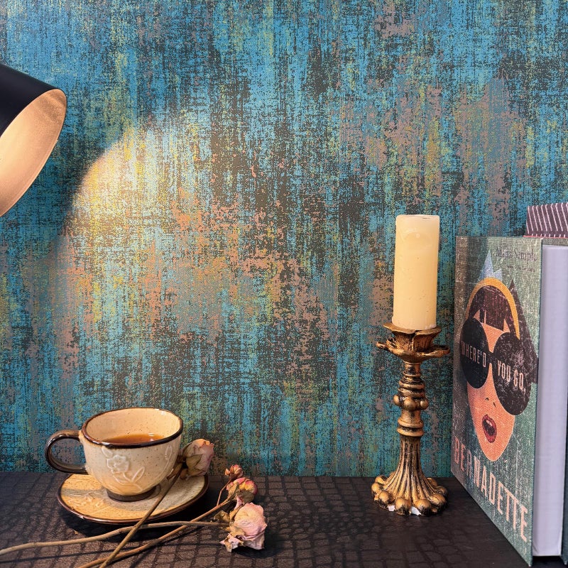JiffDiff Vintage Metallic Peel and Stick Wallpaper Self Adhesive Industrial Metallic Concrete Wall Paper Modern Stick on Wallpaper(17.3" x 120" Blue Gold) - Image 2