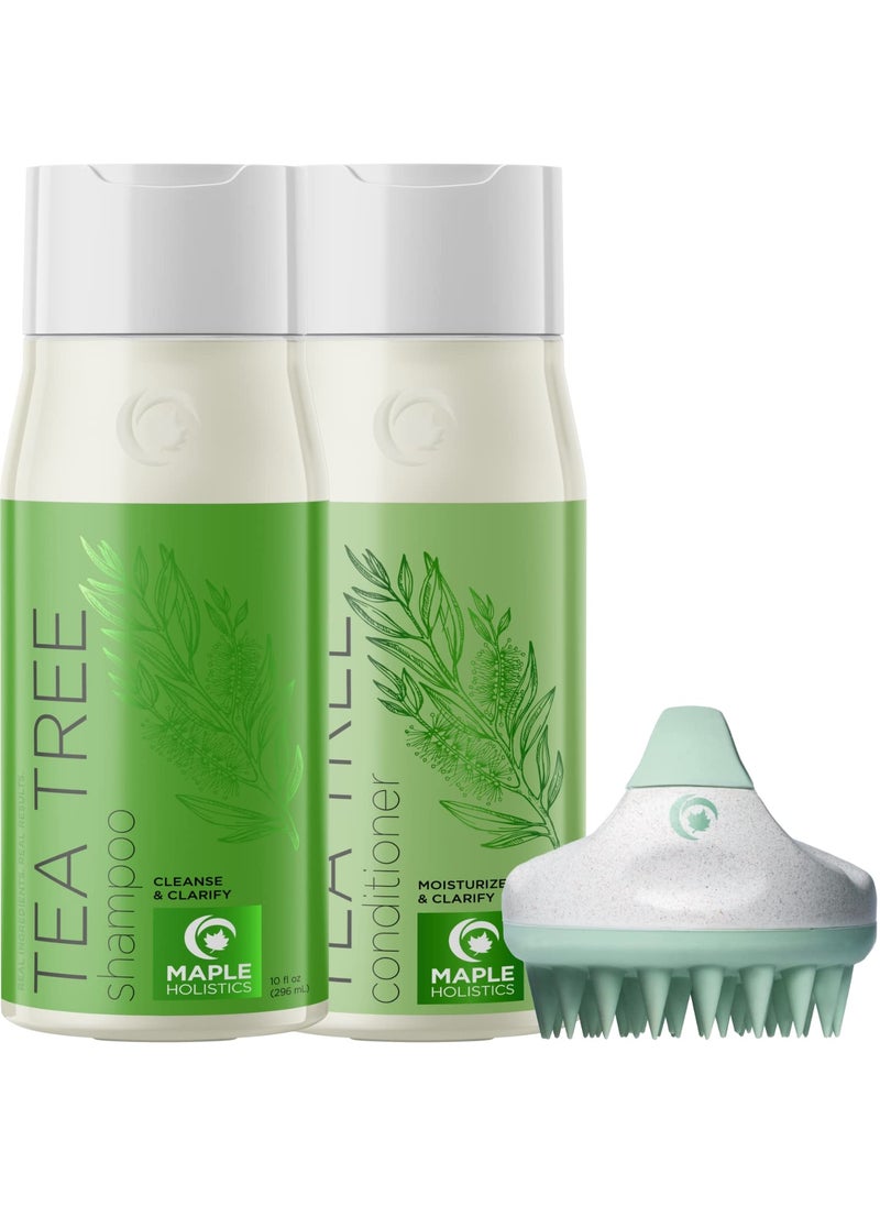 Maple Holistics Tea Tree Shampoo and Conditioner with Scrubber  Soft Silicone Scalp Massager and Scalp Exfoliator Made with Recycled Wheat Straw plus Sulfate Free Tea Tree Oil Shampoo and Conditioner 10 Fl Oz 