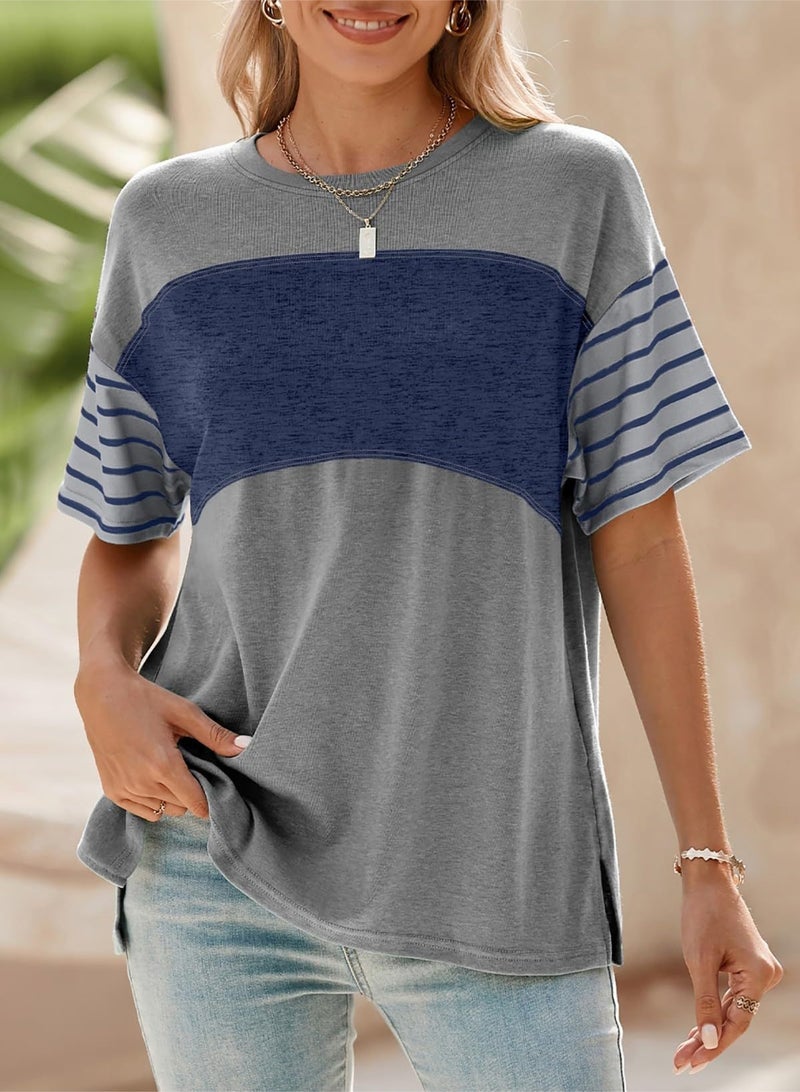 Song Feng Ya 2025 European And American Women's Spring And Summer New Pullover Round Neck Casual Stripesd Contrast Short-sleeved T-shirt For Women  - Image 2
