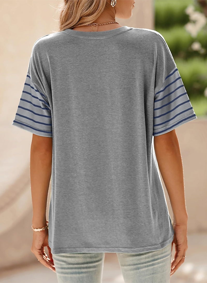 Song Feng Ya 2025 European And American Women's Spring And Summer New Pullover Round Neck Casual Stripesd Contrast Short-sleeved T-shirt For Women  - Image 4