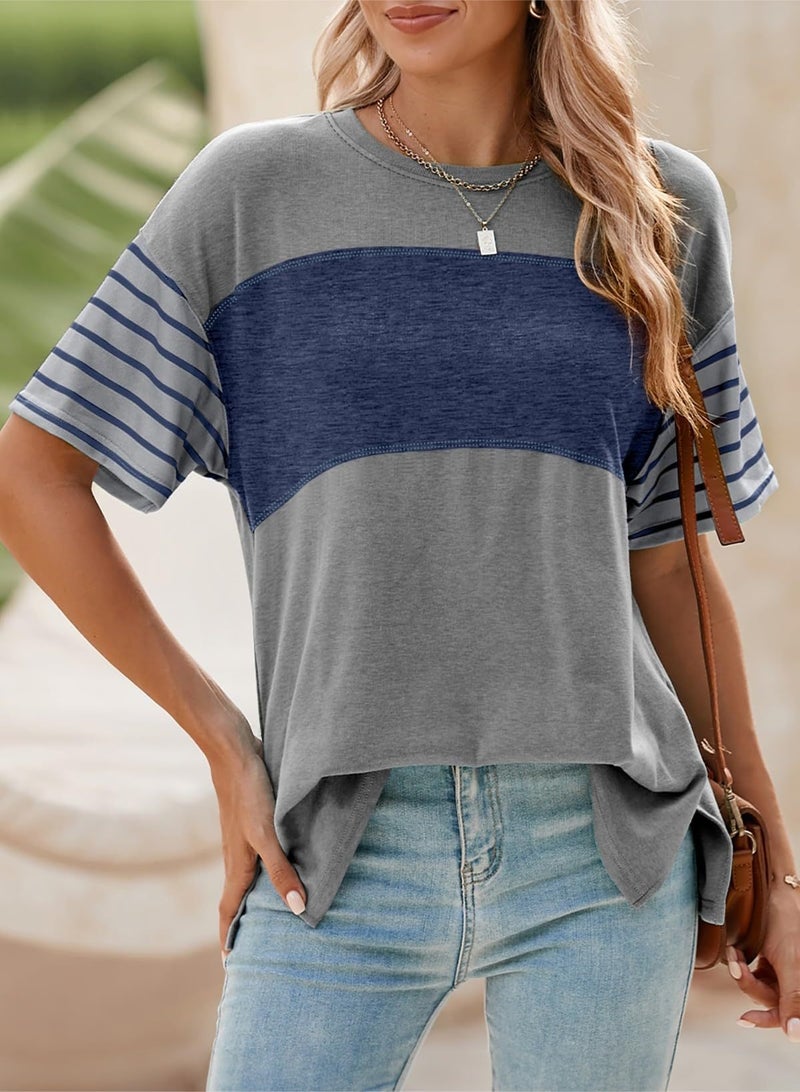 Song Feng Ya 2025 European And American Women's Spring And Summer New Pullover Round Neck Casual Stripesd Contrast Short-sleeved T-shirt For Women  - Image 3