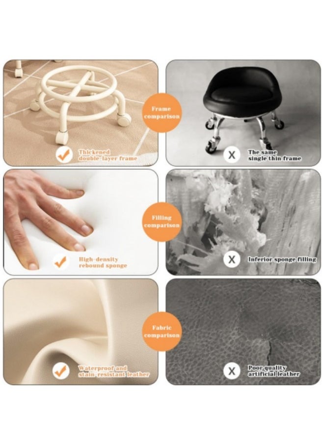 GGEROU Round Rolling Low Stool PU Leather Low Stool 360° More Comfortable Swivel with Thickened Sponge Cushion  - Image 4