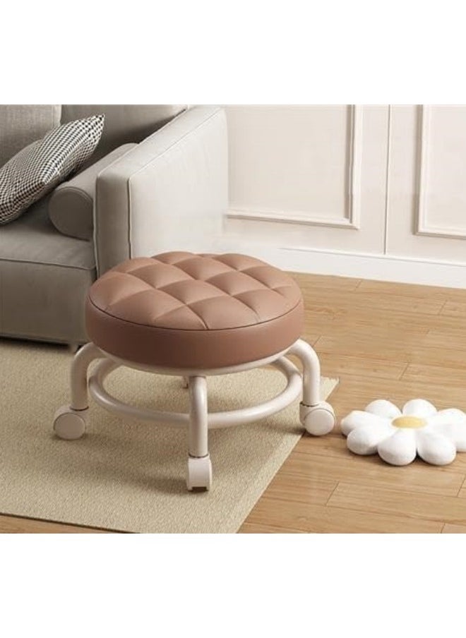 GGEROU Round Rolling Low Stool PU Leather Low Stool 360° More Comfortable Swivel with Thickened Sponge Cushion  - Image 3