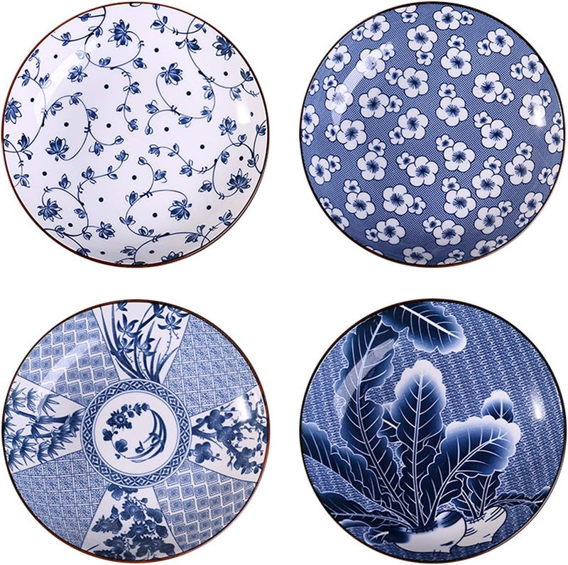 klarako 4 Pack Blue and White Porcelain Dish Serving Plates Floral Dinner Shallow Plates Appetizer Salad Dessert Snack Plate (7 inch,Different patterns) - Image 1