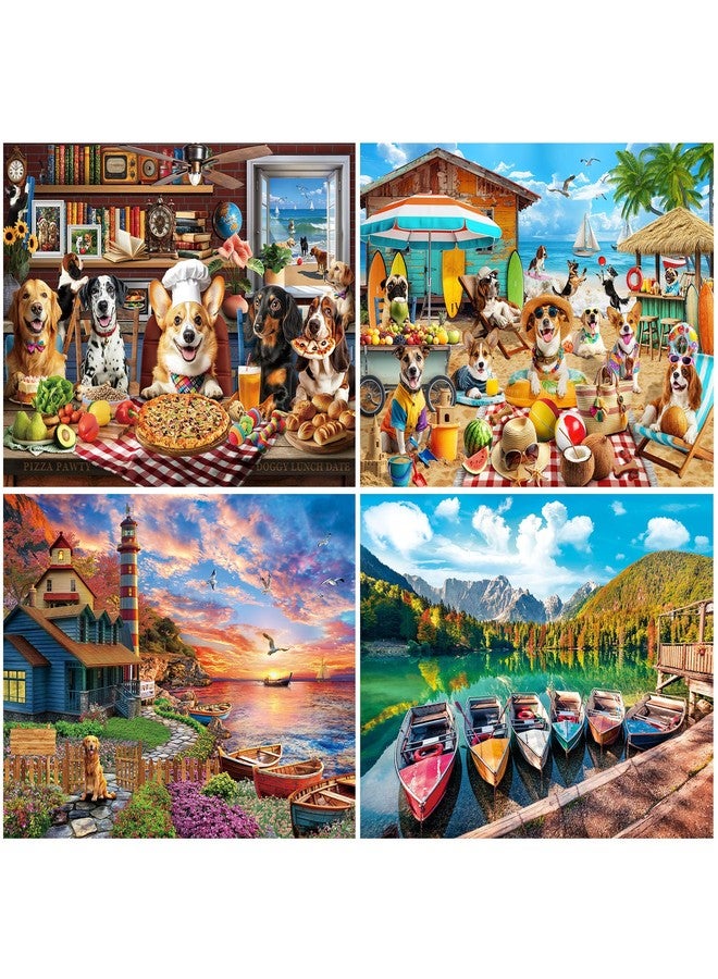 BenBen 1000 Piece Puzzle for Adults, 4 Pack Jigsaw Puzzles with Letters or Patterns on Back, Dogs' Dinner Party, Dogs on Vacation, Sunset Seaside, Fusine Lake Themes - Image 1