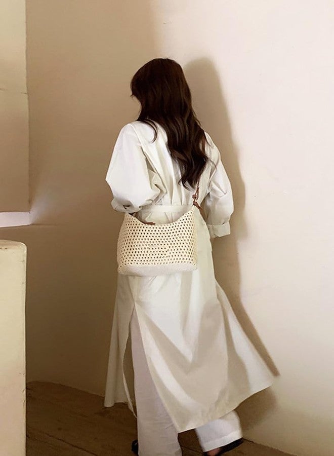 Ulisty Women Small Cotton Crochet String Bag Handwoven Summer Beach Tote Bag Knitted Vacation Hobo Purse Bohemian Shoulder Handbag beige - Image 5