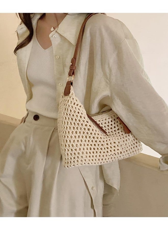 Ulisty Women Small Cotton Crochet String Bag Handwoven Summer Beach Tote Bag Knitted Vacation Hobo Purse Bohemian Shoulder Handbag beige - Image 2