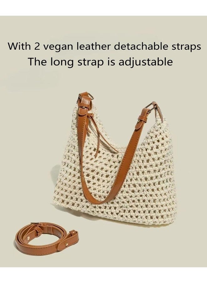 Ulisty Women Small Cotton Crochet String Bag Handwoven Summer Beach Tote Bag Knitted Vacation Hobo Purse Bohemian Shoulder Handbag beige - Image 3