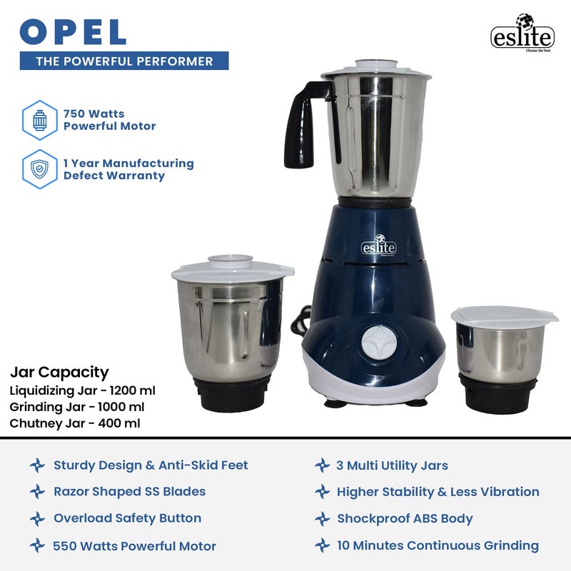Eslite Eslite Mixer Grinder Juicer Machine For Kitchen 550 Watts, Food Processor With 3 Multipurpose Stainless Steel Jars, Razor Sharp Blades, 3 Speed Control, 1 Year Warranty, Opel (Blue)  - Image 5