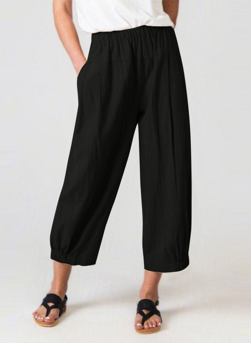 Loquat Loose Type Casual Haren Pants High Waist Cotton Nine Points Wide Leg Women's Pants 