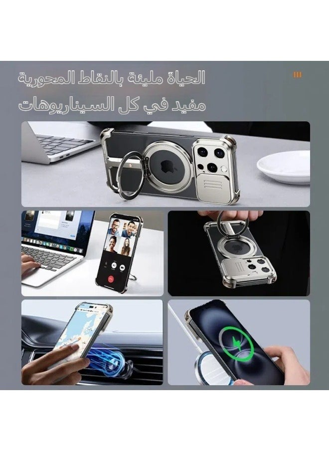 General Slide cover to protect the lens iPhone 16ProMax 16Pro mobile phone case metal hollow borderless 360-degree rotating magnetic bracket anti-fall mobile phone protective cover  - Image 3