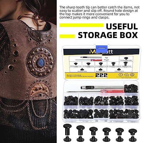 Mardatt 222Pcs Chicago Screws Assorted Kit with Setting Tools, M5 X 4/5/6/8/10/12MM Screw Rivets Metal Slotted Screw Studs Leather Rivets for DIY Leather Craft Decoration(Black) - Image 5