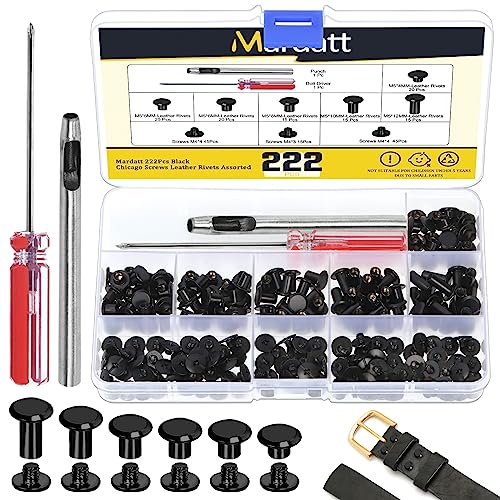 Mardatt 222Pcs Chicago Screws Assorted Kit with Setting Tools, M5 X 4/5/6/8/10/12MM Screw Rivets Metal Slotted Screw Studs Leather Rivets for DIY Leather Craft Decoration(Black) - Image 1
