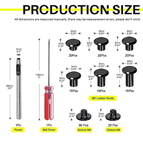 Mardatt 222Pcs Chicago Screws Assorted Kit with Setting Tools, M5 X 4/5/6/8/10/12MM Screw Rivets Metal Slotted Screw Studs Leather Rivets for DIY Leather Craft Decoration(Black) - Image 2