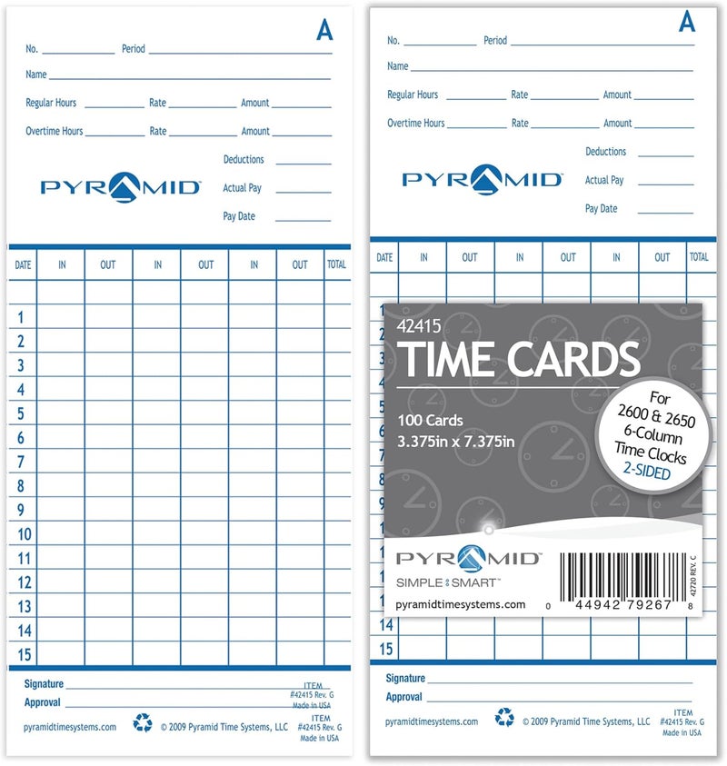 Pyramid Time Systems 42415 Time Cards for 2500, 2600 & 2650 Time Clocks - 100 Pack - Image 1