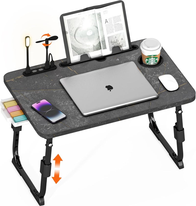 DECOSIS Laptop Desk for Bed Height Adjustable, Lap Bed Table with USB/Storage Drawer/Cup Holder/Tablet Stand/Book Shelf, Foldable Breakfast Tray Portable for Reading Writing, Sofa & Floor, Deep Stone Texture - Image 1