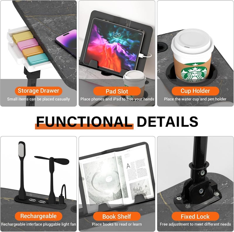 DECOSIS Laptop Desk for Bed Height Adjustable, Lap Bed Table with USB/Storage Drawer/Cup Holder/Tablet Stand/Book Shelf, Foldable Breakfast Tray Portable for Reading Writing, Sofa & Floor, Deep Stone Texture - Image 5