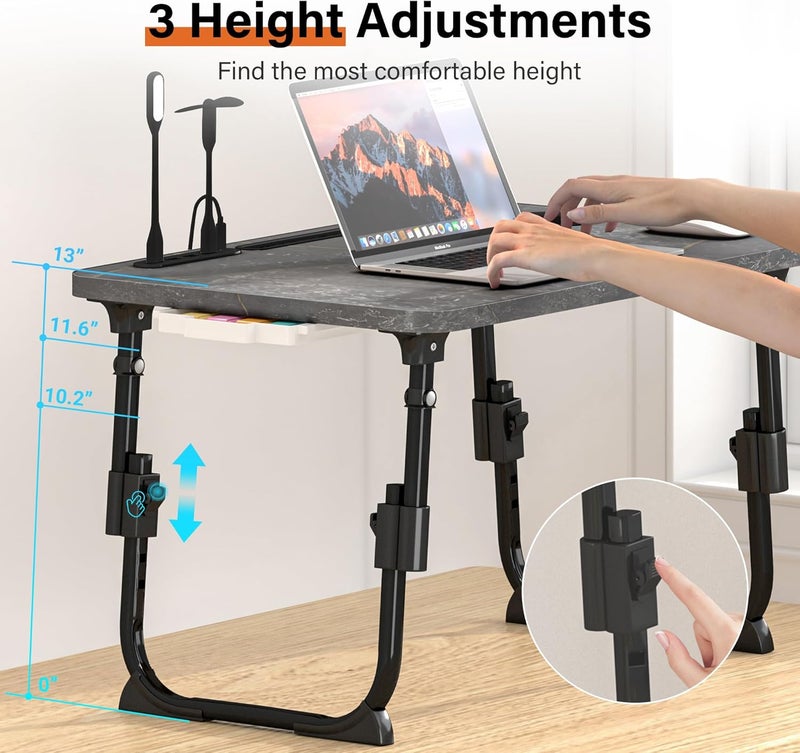 DECOSIS Laptop Desk for Bed Height Adjustable, Lap Bed Table with USB/Storage Drawer/Cup Holder/Tablet Stand/Book Shelf, Foldable Breakfast Tray Portable for Reading Writing, Sofa & Floor, Deep Stone Texture - Image 2