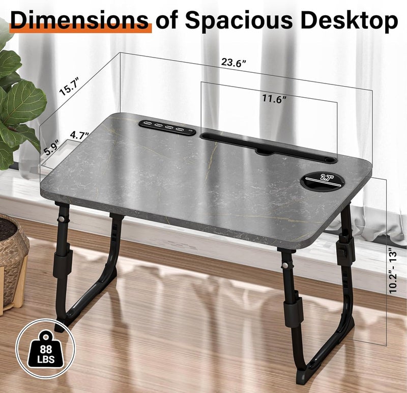 DECOSIS Laptop Desk for Bed Height Adjustable, Lap Bed Table with USB/Storage Drawer/Cup Holder/Tablet Stand/Book Shelf, Foldable Breakfast Tray Portable for Reading Writing, Sofa & Floor, Deep Stone Texture - Image 4