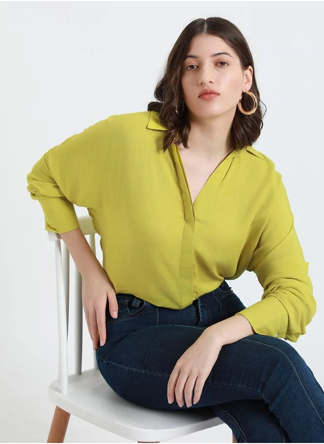 دينيس لينغو Lime Green Relaxed Fit Shirt for Women - Viscose Crepe, Full Sleeves, Shirt Collar, Solid, Casual, Wash Care