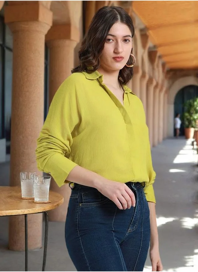 دينيس لينغو Lime Green Relaxed Fit Shirt for Women - Viscose Crepe, Full Sleeves, Shirt Collar, Solid, Casual, Wash Care