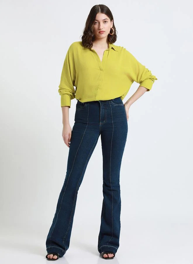 Dennis Lingo Women's Lime Green Viscose Crepe Solid Pattern Button Down Relaxed Shirt