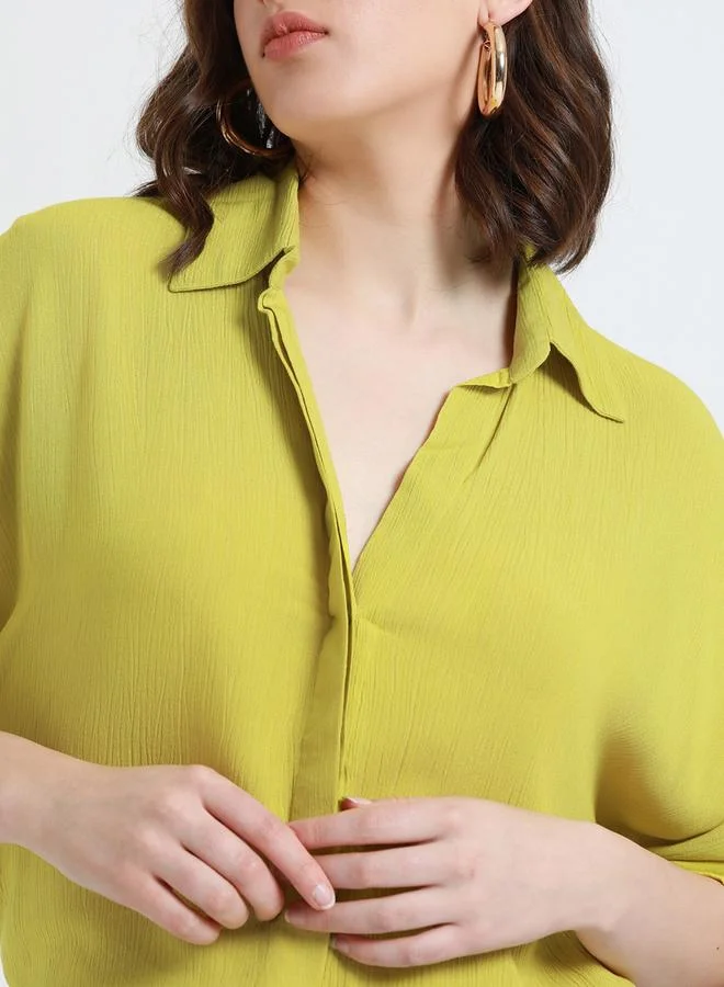 Dennis Lingo Women's Lime Green Viscose Crepe Solid Pattern Button Down Relaxed Shirt