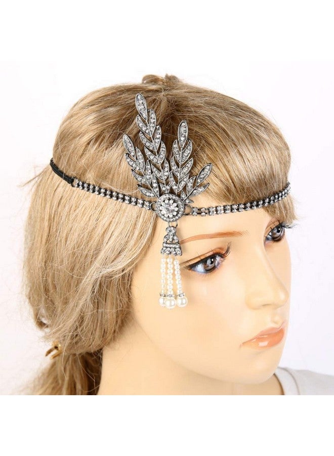 CBLUO 1920S Flapper Headband Great Gatsby Hair Hoops Rhinestone Crystal Tassel Headdress Leaf Pearl Headwear Headpiece Women Girls Hairband Hair Band Party Decoration Cosplay Costume Hair Accessories Black  - Image 3