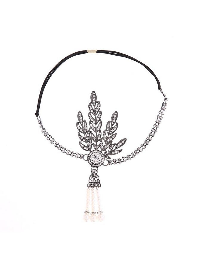CBLUO 1920S Flapper Headband Great Gatsby Hair Hoops Rhinestone Crystal Tassel Headdress Leaf Pearl Headwear Headpiece Women Girls Hairband Hair Band Party Decoration Cosplay Costume Hair Accessories Black  - Image 2