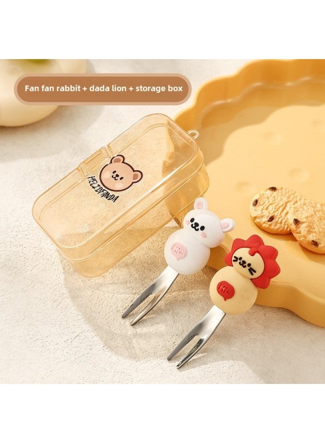 Children's Creative Fork Spoon 304 Stainless Steel Short Handle Cartoon Tableware Household Baby Dining Portable Tableware Suit-Specifications:No Specifications-Color:Fan Fan Rabbit Dada Lion Fruit Fork Storage Box - Image 1