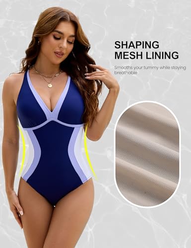 BMJL Womens Swim Suits 2026 Tummy Control One Piece Bathing Suit Color Block Crisscross Back(M,Navy Blue) - Image 4