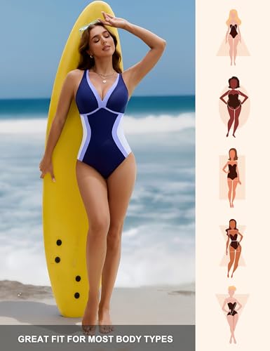 BMJL Womens Swim Suits 2026 Tummy Control One Piece Bathing Suit Color Block Crisscross Back(M,Navy Blue) - Image 5