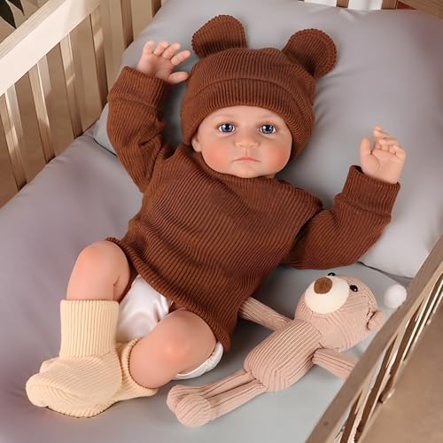 BABESIDE 17 Inch Reborn Baby Dolls Lifelike Newborn Doll with Soft Cloth Body Handmade Baby Doll with Bear Hat Toy Set Includes Bottle Magnetic Pacifier Clothes Gift for Kids Age 3 - Image 5