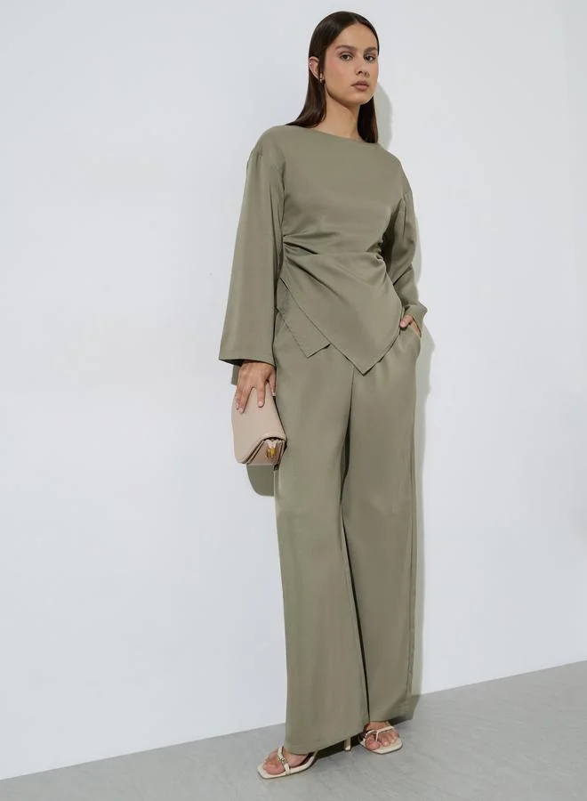 Styli Khaki Asymmetric Blouse and Wide Leg Trousers Set