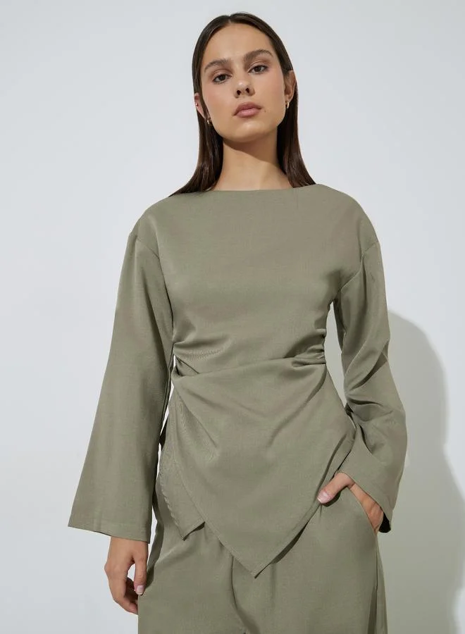 Styli Khaki Asymmetric Blouse and Wide Leg Trousers Set