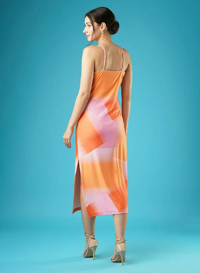 globus Globus Women Abstract Print Strappy Sheath Midi Dress with Cut Out Detail