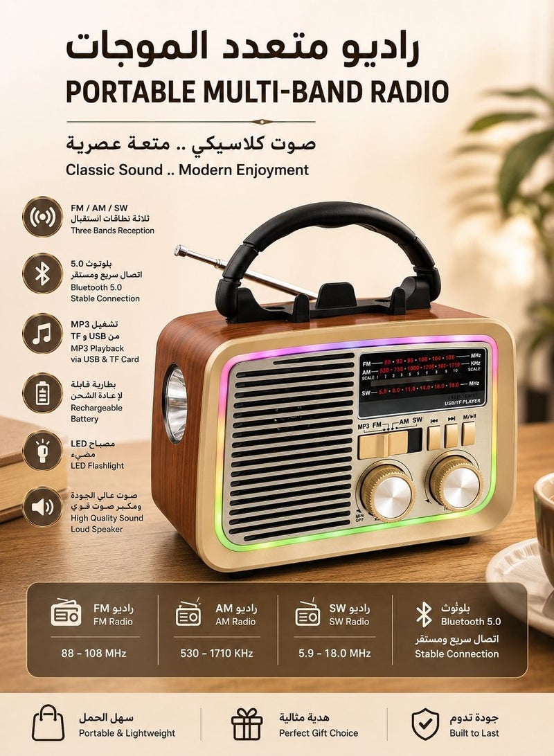 راديو محمول بتصميم عتيق بنقشة الخشب، راديو أمواج قصيرة AM/FM/SW مع مكبر صوت بتقنية البلوتوث، راديو عتيق قابل لإعادة الشحن يدعم تشغيل ملفات MP3 من خلال منفذ USB وبطاقة TF، إضاءة بألوان RGB ومصباح يدوي للاستخدام داخل المنزل وخارجها وفي التخييم - Image 1
